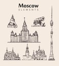 Set of hand-drawn Moscow buildings.Moscow sketch illustration.