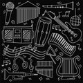 Set of hand drawn music theme isolated on black background, doodle set of Musical Instruments theme. Vector illustration Royalty Free Stock Photo