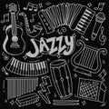 Set of hand drawn music theme isolated on black background, doodle set of Musical Instruments theme. Vector illustration Royalty Free Stock Photo