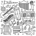 Set of hand drawn music theme isolated on white background, doodle set of Musical Instruments theme. Vector illustration Royalty Free Stock Photo