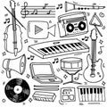 Set of hand drawn music theme isolated on white background, doodle set of Musical Instruments theme. Vector illustration Royalty Free Stock Photo