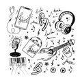 A set of hand-drawn musical elements in sketch style. Guitar or ukulele, piano. Headphones, microphones, CDs, audio, vinyl, violin