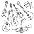 A set of hand-drawn musical instruments. Doodle elements of guitar, electric guitar, ukulele, trumpet, maracas, domra, violin.