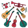 A set of hand-drawn musical instruments. Doodle elements of guitar, electric guitar, ukulele, trumpet, maracas, domra, violin.