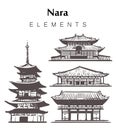 Set of hand-drawn Nara buildings, elements sketch illustration