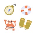 Set of hand drawn nutical travel icons crab, compas, binoculars and lifebuoy