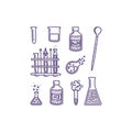 Set of hand drawn objects associated with chemistry and experiments. Test tubes, pipette, chemical agents. Vector Royalty Free Stock Photo