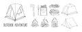 Set of hand drawn objects isolated on white. Backpacking. Hiking and camping tourist tent, campfire, brushwood, firewood