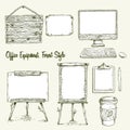 Set of hand drawn office equipment in eco style. Royalty Free Stock Photo
