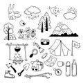 Set of hand drawn outdoor camping equipment icons, hiking, mountain climbing. Camping doodle elements.