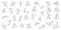 Set of hand drawn outline of man, woman, kids surfers. Girl and boys wave riders in different poses with surfboards Royalty Free Stock Photo
