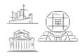 Set of hand drawn outline sketches of famous landmarks - Bolshoi Theatre in Moscow, Russia, Cruiser Aurora in St.Petersburg,