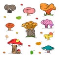 Set of Hand Drawn Painted Mushrooms Isolated on White. Autumn Falling Leaves. Doodle Style. Royalty Free Stock Photo