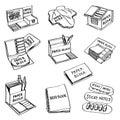 Set of hand drawn paper products doodles isolated on a white background.