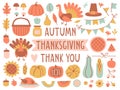 Set with hand drawn pastel elements for thanksgiving in flat style. Royalty Free Stock Photo