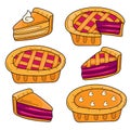 Set of hand drawn pie - cartoon style on white. Berry and pumpkin pies. Royalty Free Stock Photo