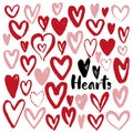 Set of hand drawn pink hearts on white background. Collection of icons, grunge elements.