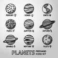 Set of hand drawn planet icons with names and Royalty Free Stock Photo