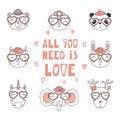 Cute animals in heart shaped glasses Royalty Free Stock Photo