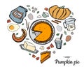 Set hand drawn pumpkin pie and ingredients for cooking in white background. Doodle style