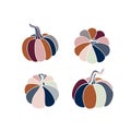 A set of hand drawn pumpkins of various shapes and pastel colors - pink, orange, red, blue, gray. Flat pumpkins and zucchini.