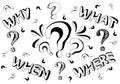 Set of hand drawn question words and question marks in doodle style