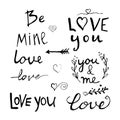 Set of hand drawn quotes, text, romantic element isolated on white background. Be mine, Love you, you and me decorated with arrow