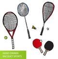 Set of hand-drawn racquet sports - equipment for tennis, table tennis, badminton and squash - rackets and balls Royalty Free Stock Photo