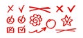 Set hand drawn red grade exam marks. Includes check marks, cross marks, and grading symbols, hanamaru signs Royalty Free Stock Photo