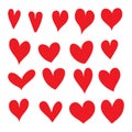 Set of hand drawn red hearts, vector illustration. Royalty Free Stock Photo