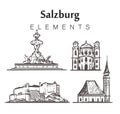 Set of hand-drawn Salzburg buildings, elements sketch illustration