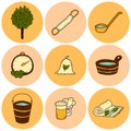 Set of hand drawn sauna icons: broom, towel, hat