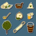 Set of hand drawn sauna icons: broom, towel, hat, wisp, beer, steam. Relaxation, health care or treatment concept for your design