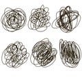 Set of hand drawn scribble shapes. Chaotic twisted lines in circular objects in duddles style.