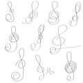 Set of hand drawn scribble treble clefs. Collection of abstract treble clefs in doddles style. Design element.