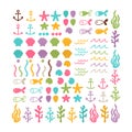 Set with hand drawn sea animals and creatures. Big set on the marine theme. Sea summer life. Underwater seaweeds