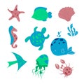 Set with hand drawn sea life elements. Vector doodle cartoon set of marine life objects. Royalty Free Stock Photo