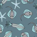 Set with hand drawn sea life elements. Vector doodle cartoon set of marine life objects for your design. Seamless psttern