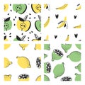 Set of hand drawn seamless pattern with tropical fruits. Vector artistic apple, banana, lemon, lime. Summer illustration