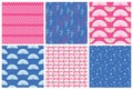 Set of hand drawn seamless patterns in blue and pink colours. Vector Japanese traditional surface design.
