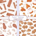 Set of hand drawn seamless patterns with cinnamon, bourbon caramel, peanut and coffee beans. Sweet toppings backgrounds