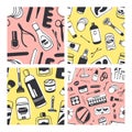 Set of Hand drawn seamless patterns with cosmetics. Vector illus Royalty Free Stock Photo