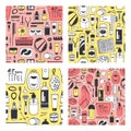 Set of Hand drawn seamless patterns with cosmetics. Vector illus Royalty Free Stock Photo