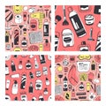 Set of Hand drawn seamless patterns with cosmetics. Vector illus Royalty Free Stock Photo