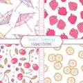 Set of hand drawn seamless patterns with strawberry, cherry, banana and cocktail umbrella. Sweet toppings backgrounds