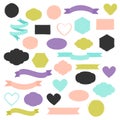 Set of hand drawn shapes in different colors. Hearts, banners, circles and ribbons etc.