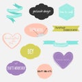 Set of hand drawn shapes in different colors with various lettering. Hearts, banners, circles and ribbons etc. Royalty Free Stock Photo