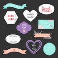 Set of hand drawn shapes in different colour with lettering `Handmade`. Hearts, banners, circles and ribbons etc. Royalty Free Stock Photo