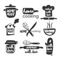 Set of hand drawn simple kitchen phrases - homemade,with love, home cooking, cooked with love. Badges, labels and logo elements,