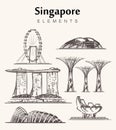 Set of hand-drawn Singapore buildings sketch vector illustration. Royalty Free Stock Photo